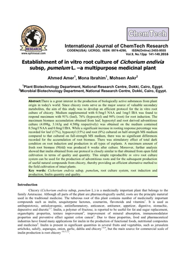 Establishment of in Vitro Root Culture of Cichorium Endivia Subsp, Pumelum L. –A Multipurpose Medicinal Plant