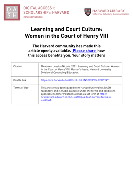 Learning and Court Culture: Women in the Court of Henry VIII