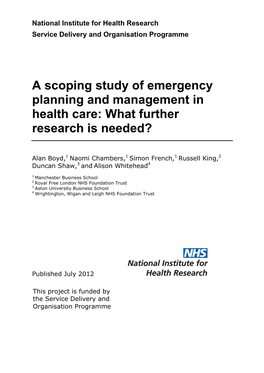 A Scoping Study of Emergency Planning and Management in Health Care: What Further Research Is Needed?