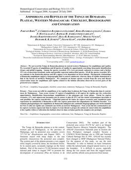 Amphibians and Reptiles of the Tsingy De Bemaraha Plateau, Western Madagascar: Checklist, Biogeography and Conservation