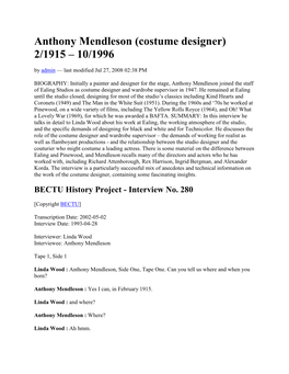 Anthony Mendleson (Costume Designer) 2/1915 – 10/1996 by Admin — Last Modified Jul 27, 2008 02:38 PM