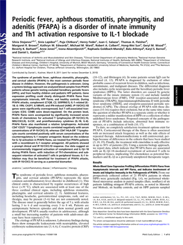 Periodic Fever, Aphthous Stomatitis, Pharyngitis, and Adenitis (PFAPA) Is a Disorder of Innate Immunity and Th1 Activation Responsive to IL-1 Blockade