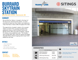 Burrard SKYTRAIN STATION 635 Burrard Street, Vancouver, BC SUMMARY Burrard Skytrain Station Is Located in the Heart of the Vancouver Central Business District