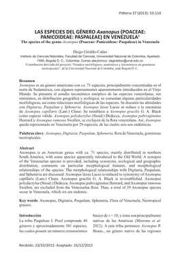 LAS ESPECIES DEL GÉNERO Axonopus (POACEAE: PANICOIDEAE: PASPALEAE) EN VENEZUELA1 the Species of the Genus Axonopus (Poaceae: Panicoideae: Paspaleae) in Venezuela
