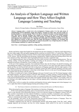 An Analysis of Spoken Language and Written Language and How They Affect English Language Learning and Teaching