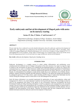 Early Embryonic and Larval Development of Ompok Pabo with Notes on Its Nursery Rearing