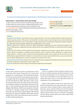 To Assess the Intraoperative Complications in Small Incision Cataract Surgery and Visual Outcome