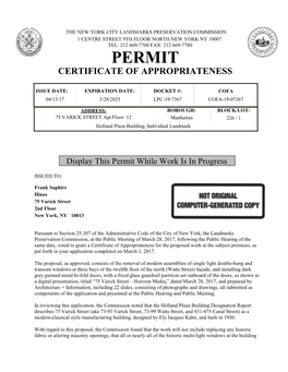 Permit Certificate of Appropriateness