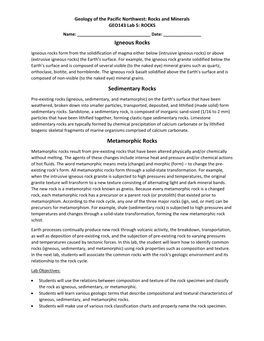 Igneous Rocks Sedimentary Rocks Metamorphic Rocks