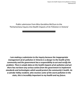 Public Submission from Miss Geraldine Mcclure to the ‘Parliamentary Inquiry Into Health Impacts of Air Pollution in Victoria’