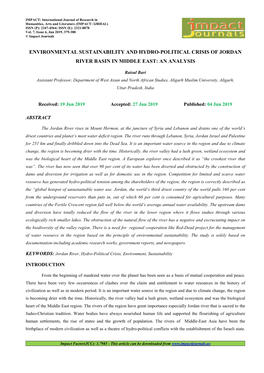 Environmental Sustainability and Hydro-Political Crisis of Jordan River Basin in Middle East: an Analysis