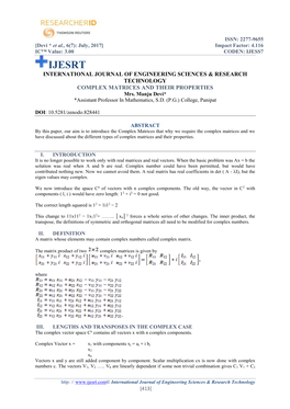 COMPLEX MATRICES and THEIR PROPERTIES Mrs