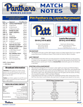Pitt Panthers Vs. Loyola Marymount Friday, Aug