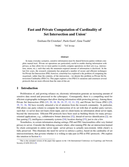 Fast and Private Computation of Cardinality of Set Intersection and Union*