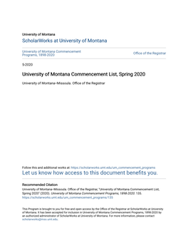 University of Montana Commencement List, Spring 2020