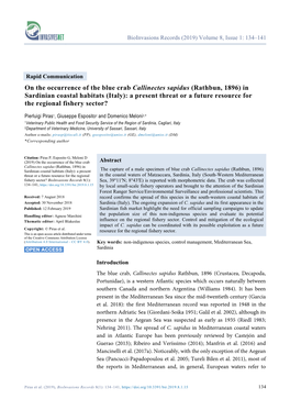 On the Occurrence of the Blue Crab Callinectes Sapidus (Rathbun, 1896)