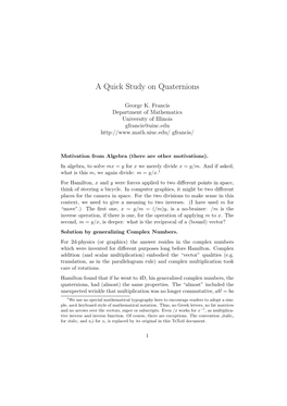 A Quick Study on Quaternions