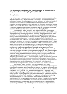 Risk, Responsibility and Robens: the Transformation of the British System of Occupational Health and Safety Regulation, 1961–1974