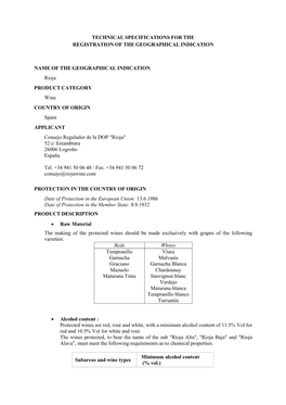 Technical Specifications for the Registration of the Geographical Indication