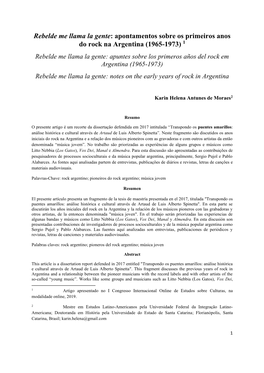 Apontamentos Sobre Os Primeiros Anos Do Rock Na Argentina (1965-1973) 1 Rebelde Me Llama La Gente: Apuntes Sobre Los Primeros Años Del Rock Em Argentina (1965-1973)
