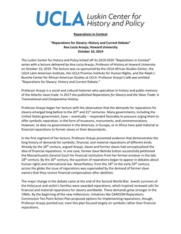 “Reparations for Slavery: History and Current Debate” Ana Lucia Araujo, Howard University October 10, 2019