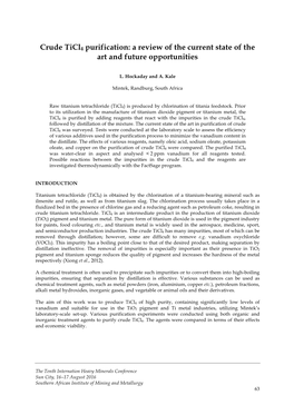 Crude Ticl4 Purification: a Review of the Current State of the Art and Future Opportunities