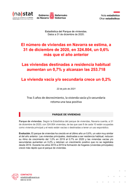 El Número De Viviendas En Navarra Se Estima, a 31 De Diciembre De 2020, En 324.804, Un 0,6% Más Que El Año Anterior