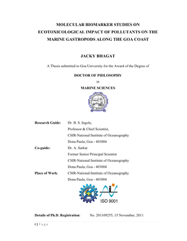 Molecular Biomarker Studies on Ecotoxicological Impact of Pollutants on the Marine Gastropods Along the Goa Coast