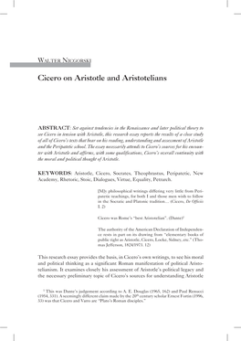 Walter Nicgorski: Cicero on Aristotle and Aristotelians 35 and the Teachings of the Peripatetic School Founded by Aristotle