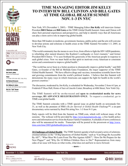 Time Managing Editor Jim Kelly to Interview Bill Clinton and Bill Gates at Time Global Health Summit Nov
