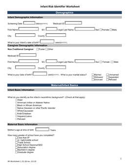 Infant Risk Identifier Worksheet