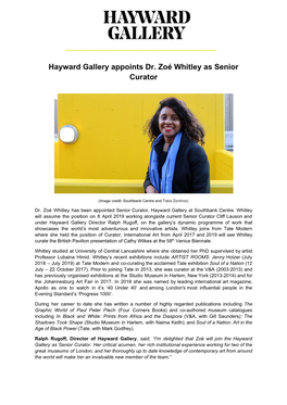 Hayward Gallery Appoints Dr. ​Zoé Whitley As Senior Curator