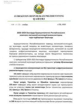 07/20/4889/1515-Сон 12.11.2020 Й. Ўзбекистон Республикаси Президентининг 2020 Йил 11 Ноябрдаги Пқ–4889‐Сон Қарорига 1‐Илова