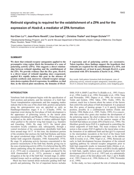 Retinoid Signaling Is Required for the Establishment of a ZPA and for the Expression of Hoxb-8, a Mediator of ZPA Formation