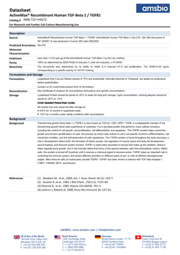 Activemax® Recombinant Human TGF-Beta 1 / TGFB1 Catalog # AMS.TG1-H4212 for Research and Further Cell Culture Manufacturing Use