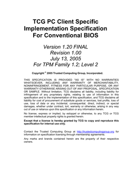 TCG PC Client Specific Implementation Specification for Conventional BIOS