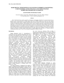 Bark Beetle, Hypocryphalus Mangiferae Stebbing (Coleoptera: Curculionidae: Scolytinae) Is a Vector of Mango Sudden Death Disease in Pakistan