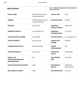 BASIC DETAILS 65772--KENDRIYA VIDYALAYA INA COLONY NEW DELHI Dated : 26/10/2016