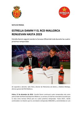 Estrella Damm Y El Rcd Mallorca Renuevan Hasta 2023