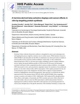 A Harmine-Derived Beta-Carboline Displays Anti-Cancer Effects in Vitro by Targeting Protein Synthesis