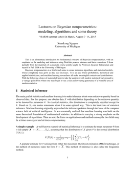 Lectures on Bayesian Nonparametrics: Modeling, Algorithms and Some Theory VIASM Summer School in Hanoi, August 7–14, 2015