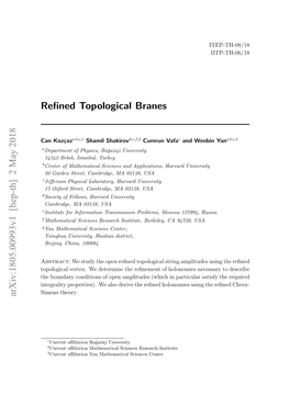 Refined Topological Branes Arxiv:1805.00993V1 [Hep-Th] 2 May 2018