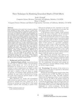 Three Techniques for Rendering Generalized Depth of Field Effects