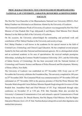 Prof. Balraj Chauhan, Vice Chancellor of Dharmashastra National Law University, Jabalpur, Honoured As Distinguished Faculty