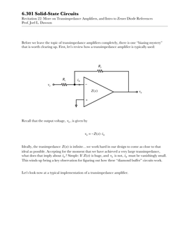 6.301 Solid-State Circuits Recitation 22: More on Transimpedance Amplifiers, and Intro to Zener Diode References Prof