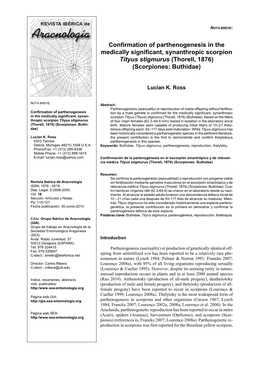 Confirmation of Parthenogenesis in the Medically Significant, Synanthropic Scorpion Tityus Stigmurus (Thorell, 1876) (Scorpiones: Buthidae)