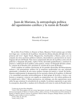 Juan De Mariana, La Antropología Política Del Agustinismo Católico Y La Razón De Estado1