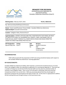 REQUEST for DECISION Zoning Amendment Application for Permanent Zoning - Canadian Wilderness Adventures (Area D)