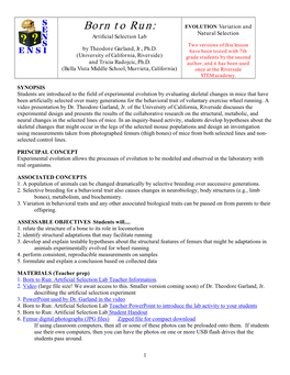 Born to Run: EVOLUTION: Variation and Natural Selection Artificial Selection Lab Two Versions of This Lesson by Theodore Garland, Jr., Ph.D