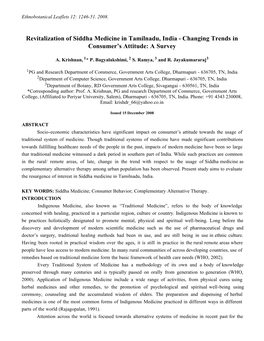 Revitalization of Siddha Medicine in Tamilnadu, India - Changing Trends in Consumer’S Attitude: a Survey